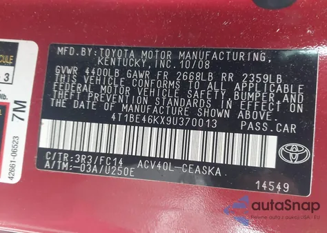 2009 Toyota Camry Se from USA, damaged, VIN 4T1BE46KX9U370013